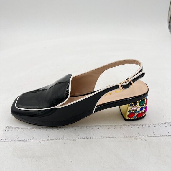 YDN Black Colorful Rhinestone Block Low Heels Square Toe Pump Office Lady Shoe - Picture 2 of 8